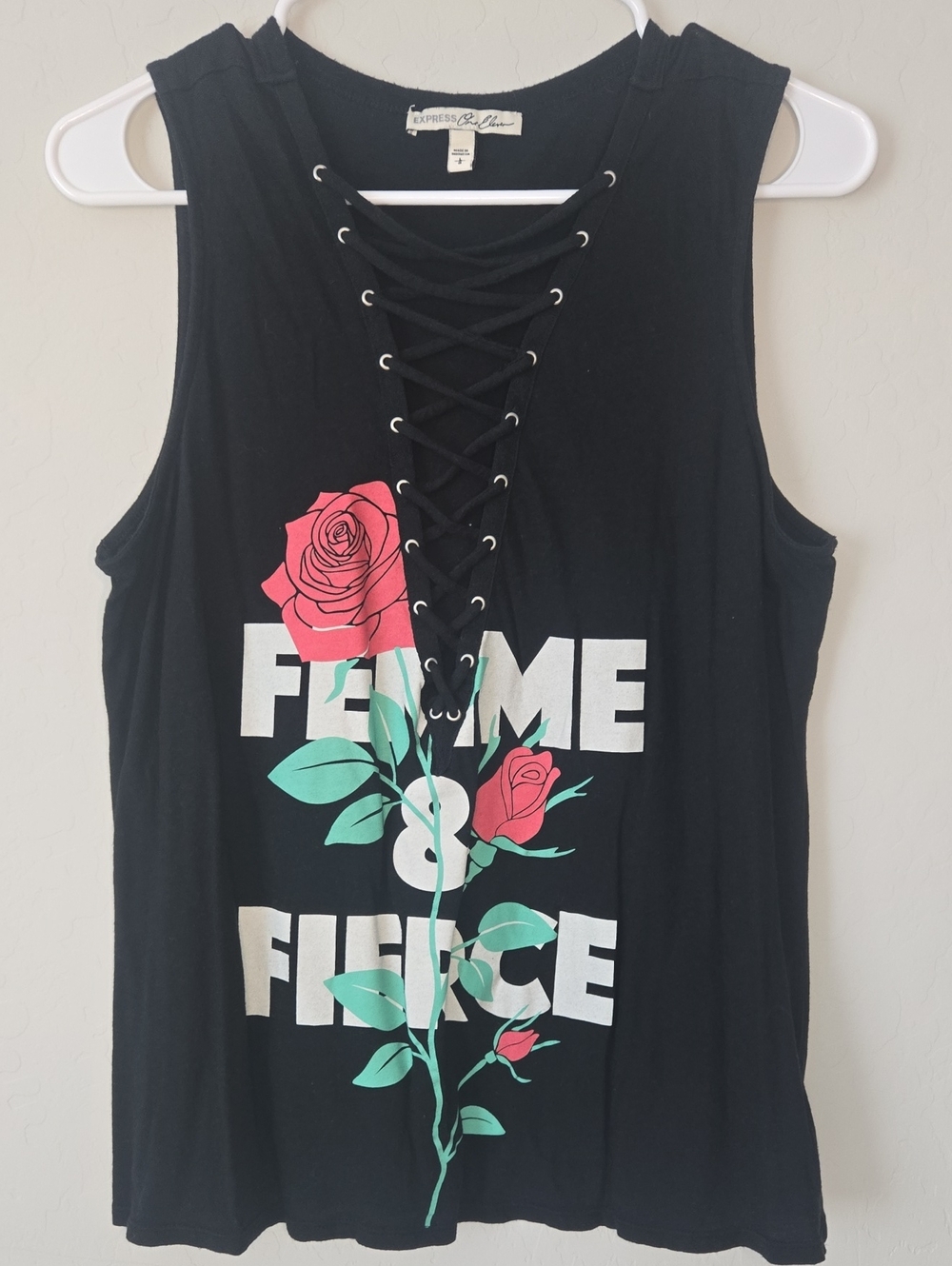 Express Black Lace-Up Tank with Red Rose Graphic